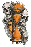 a cracked hourglass filled with orange sand and has a skull in it tattoo design idea