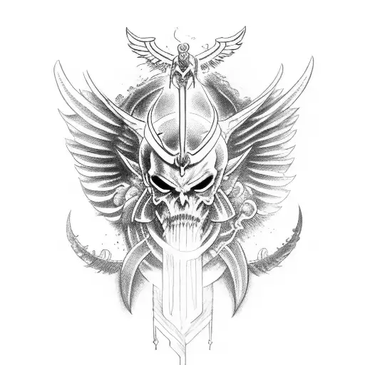 demon with wings and halo tattoo design idea