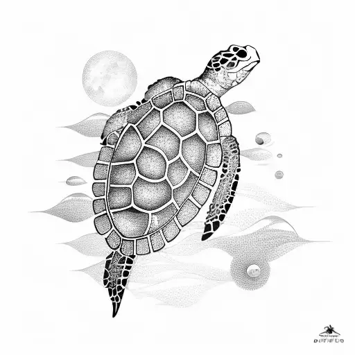 sea turtle, full moon, sea.  stylised.for slim woman on the arm. something geometrical. tattoo design idea