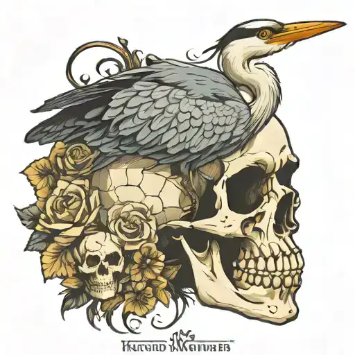 heron perched atop a human skull tattoo design idea