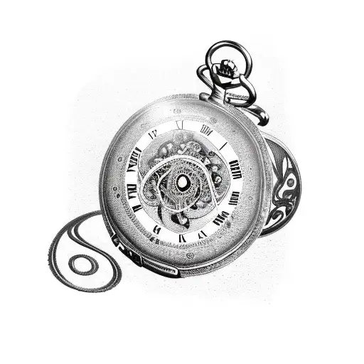 A surrealistic design featuring a winding path that transforms into a pocket watch surrounded by roses, with the 6 of hearts hidden somewhere in the background tattoo design idea