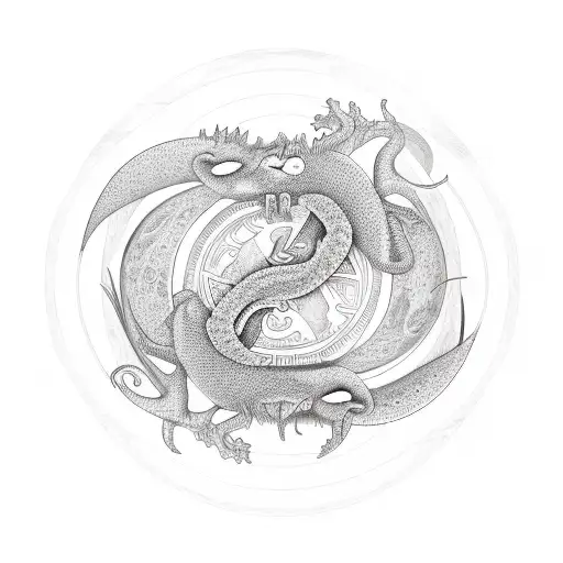 An ouroboros yin yang surrounded by a sketch-style jungle with a hidden chameleon tattoo design idea
