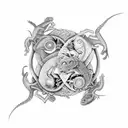 An ouroboros yin yang surrounded by a sketch-style jungle with a hidden chameleon tattoo design idea