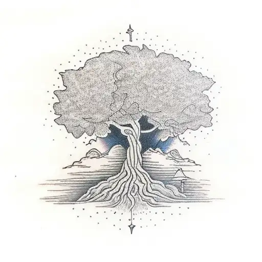 Central Element: - A sturdy oak tree, symbolizing resilience, strength, and the foundation of your life. Its branches ca tattoo design idea