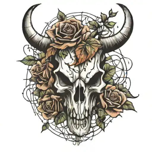 bull skull with barbed wire and roses tattoo design idea