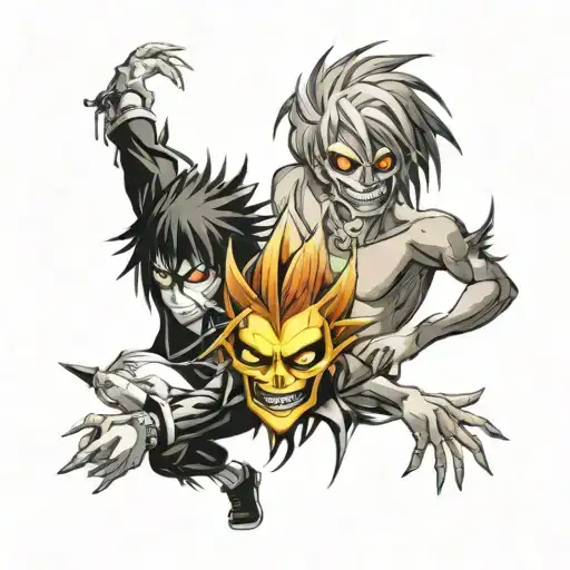 deathnote anime light, ryuk, and L black and grey  tattoo design idea