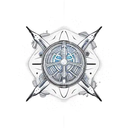A futuristic tech-inspired design featuring a beach scene with palm trees, starfish, and turtles tattoo design idea