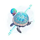 A futuristic tech-inspired design featuring a beach scene with palm trees, starfish, and turtles tattoo design idea