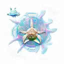 A futuristic tech-inspired design featuring a beach scene with palm trees, starfish, and turtles tattoo design idea