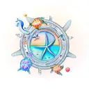 A futuristic tech-inspired design featuring a beach scene with palm trees, starfish, and turtles tattoo design idea