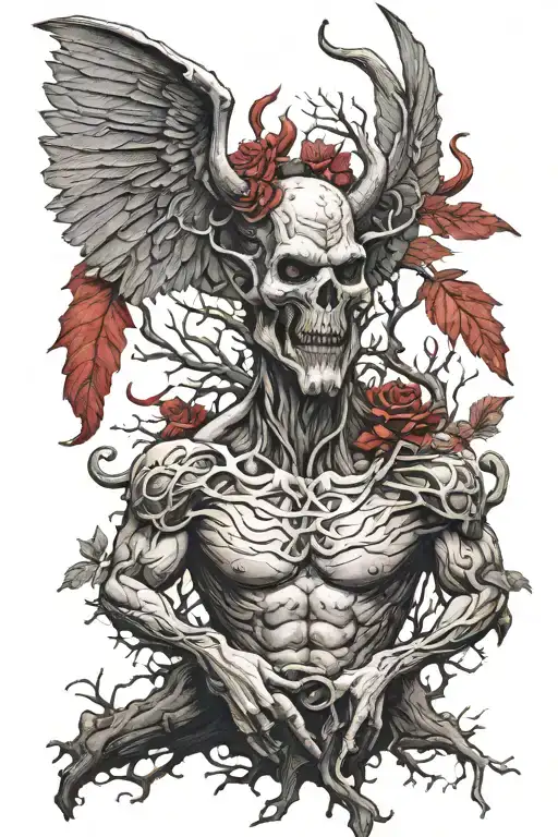 at the bottom there should be a devil (beliar / barlog) with red elements, from his wings the roots of the tree should s tattoo design idea