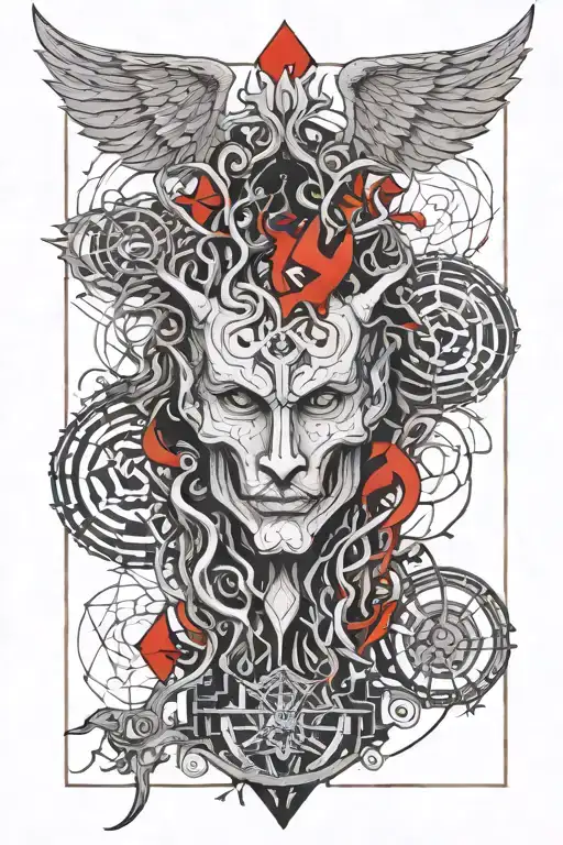 at the bottom there should be a devil (beliar / barlog) with red elements, from his wings the roots of the tree should s tattoo design idea