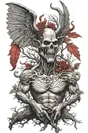 at the bottom there should be a devil (beliar / barlog) with red elements, from his wings the roots of the tree should s tattoo design idea