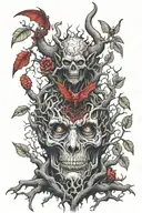 at the bottom there should be a devil (beliar / barlog) with red elements, from his wings the roots of the tree should s tattoo design idea
