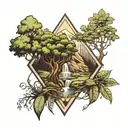 trees, waterfall, grass inside diamond shape tattoo design idea
