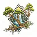 trees, waterfall, grass inside diamond shape tattoo design idea