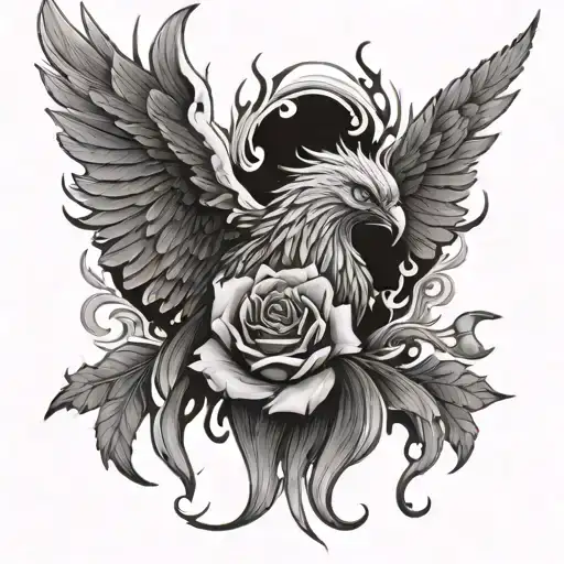 Phoenix rising from the flames, holding a rose in its mouth tattoo design idea