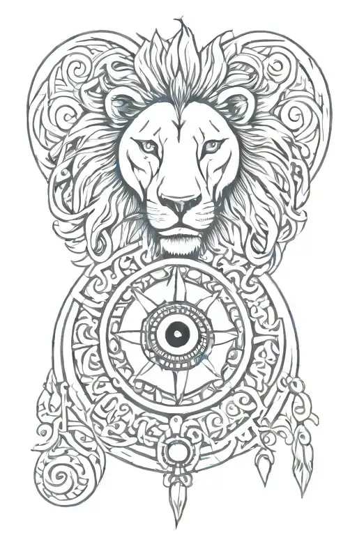 evil eye , peace symbol with lion tattoo design idea