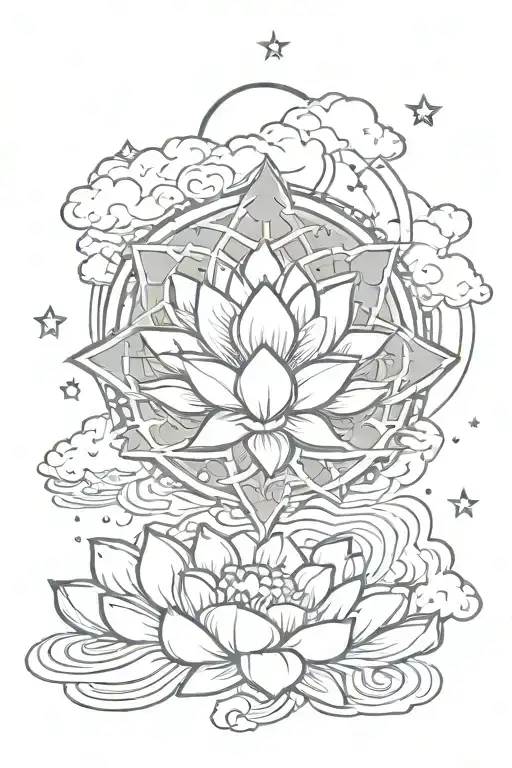 lotus flower , leo zodiac sign , stars and clouds , growth symbol , sasuke uchiha tattoo design idea