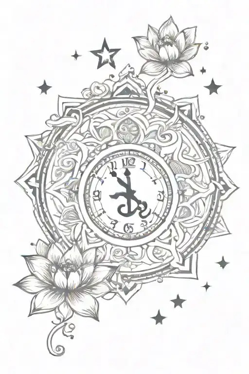 om symbol , lotus flowers and stars , clock that says 11:48 tattoo design idea
