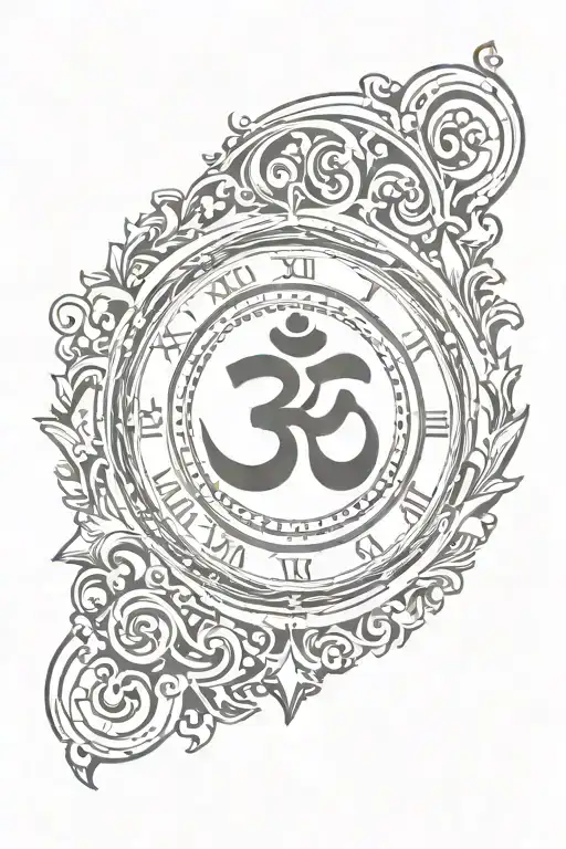 om symbol , clock that says 11:48 pm , sign of no evil tattoo design idea