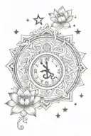 om symbol , lotus flowers and stars , clock that says 11:48 tattoo design idea