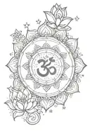 om symbol , lotus flowers and stars , clock that says 11:48 tattoo design idea