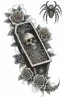 coffin laying on roses , with webs and a spider crawling tattoo design idea