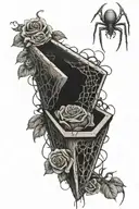 coffin laying on roses , with webs and a spider crawling tattoo design idea