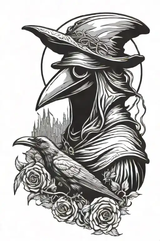 plague doctor with a big crow and a half moon tattoo design idea