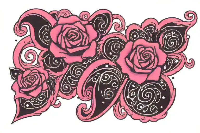 Y2K emo stars pink with neon pink and black hearts and roses and swirls  tattoo design idea