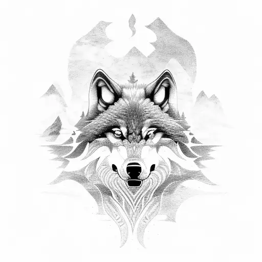 A fierce wolf surrounded by the beautiful landscapes of the Northeast region of Brazil, symbolizing strength and resilience tattoo design idea