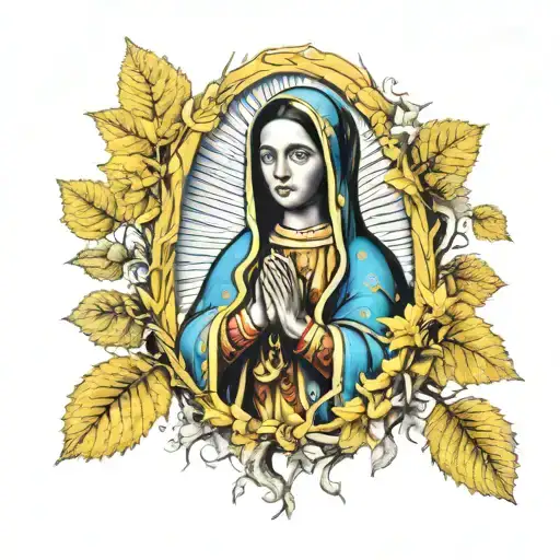 Virgin Mary de Guadalupe surrounded by yellow aspen trees tattoo design idea