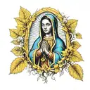 Virgin Mary de Guadalupe surrounded by yellow aspen trees tattoo design idea
