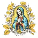 Virgin Mary de Guadalupe surrounded by yellow aspen trees tattoo design idea