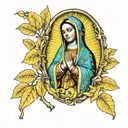 Virgin Mary de Guadalupe surrounded by yellow aspen trees tattoo design idea