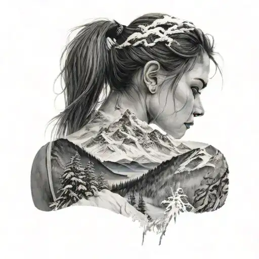girl overlooking ocean and mountains in snow, she is sad and overlooking away from the foreground tattoo design idea