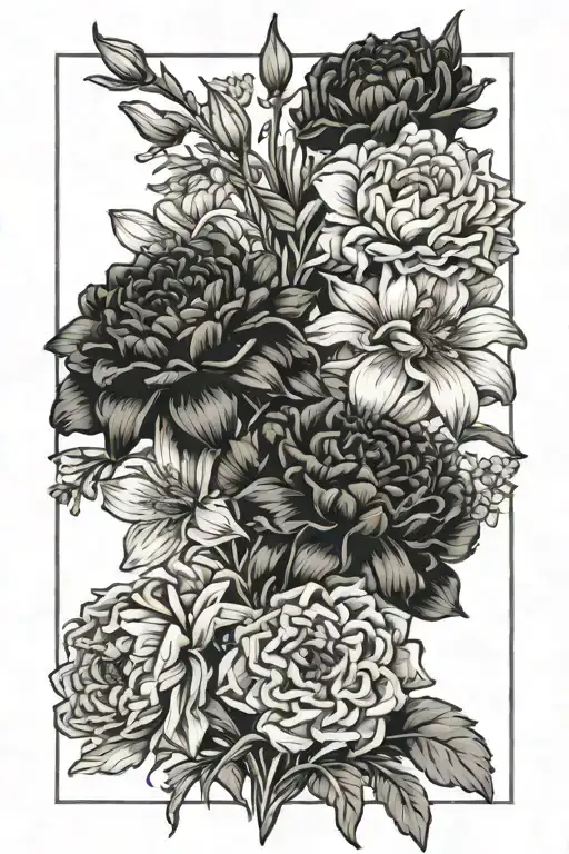 bouquet of one marigold, one chrysanthemum, one narcissus, one daisy, one daffodil, and one gladiolus, stems say family tattoo design idea