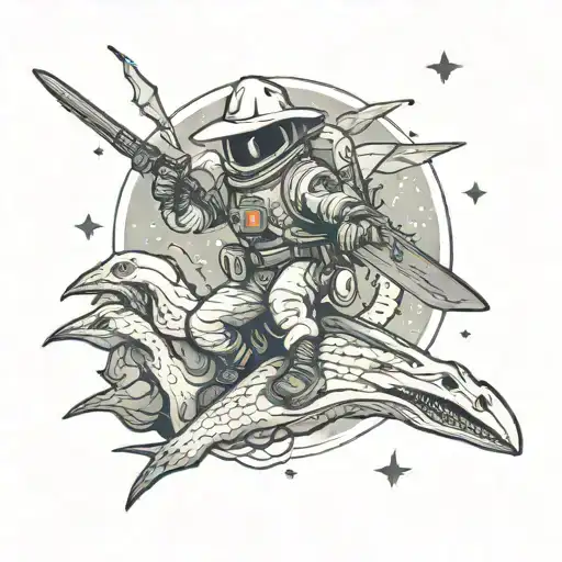 astronaut wearing cowboy hat, wielding a sword, riding a pterodactyl in space tattoo design idea