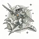 astronaut wearing cowboy hat, wielding a sword, riding a pterodactyl in space tattoo design idea