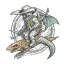 astronaut wearing cowboy hat, wielding a sword, riding a pterodactyl in space tattoo design idea