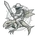astronaut wearing cowboy hat, wielding a sword, riding a pterodactyl in space tattoo design idea