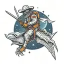 astronaut wearing cowboy hat, wielding a sword, riding a pterodactyl in space tattoo design idea
