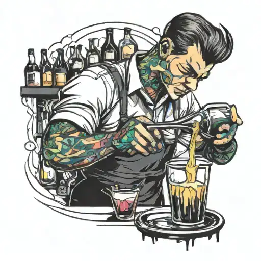 Bartender pouring colorful paint instead of drinks tattoo design idea
