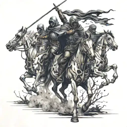 four horsemen of the apocalypse with hoods on and their faces are a shadow riding through a field of bones  tattoo design idea
