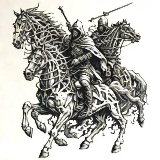 four horsemen of the apocalypse riding through a field of bones with their faces black and hoods on  tattoo design idea