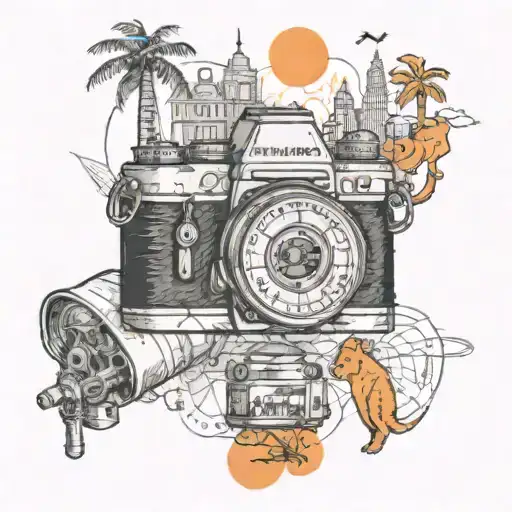 A sextant surrounded by certain images of my travels: Petronas Twin Towers, a flat tire, a waterfall and an orang-utan tattoo design idea