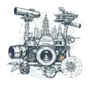 A sextant surrounded by certain images of my travels: Petronas Twin Towers, a flat tire, a waterfall and an orang-utan tattoo design idea