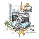 A sextant surrounded by certain images of my travels: Petronas Twin Towers, a flat tire, a waterfall and an orang-utan tattoo design idea