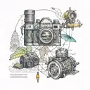 A sextant surrounded by certain images of my travels: Petronas Twin Towers, a flat tire, a waterfall and an orang-utan tattoo design idea